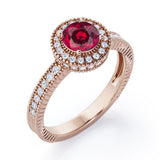 Decorative Halo 1 carat Round Lab Ruby and Diamond Milgrain Engagement Ring in White Gold