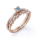 1.15 Carat Princess Cut Aquamarine And Diamond Twisted Wedding Ring Set In White Gold