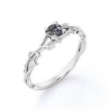 Solitaire Leaf Design 0.60 Carat Round Cut Transparent Druzy Black Rutilated Quartz and Diamond Infinity Engagement Ring