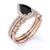2 ct Pear Lab Black Diamond Antique Trio Wedding Ring Set