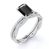 Unique 1.75 Carat Emerald cut Lab Black Diamond Halo Wedding Ring Set for Her in Rose Gold