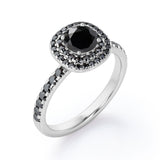Cushion Double Halo - 1.5 TCW Round Cut Lab Created Black Diamond - Engagement Ring with Pave Accents in White Gold
