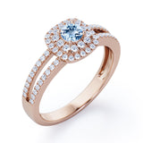 Double Halo 1.55 Carat Round Cut Aquamarine And Diamond Split Shank Engagement Ring In White Gold