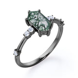 Seven Stones 0.8 carat Hexagon Moss Agate and Moissanite Engagement Ring in Black Gold