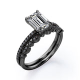 Milgrain Filigree - 1.55 TCW Emerald Cut Moissanite with Lab Created Black Diamond - Pave Accented Bridal Ring Set  in White Gold