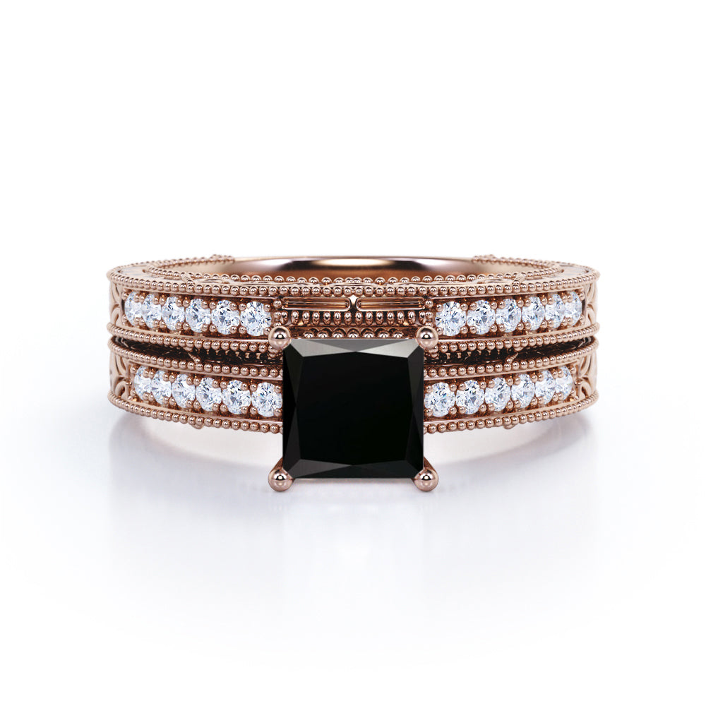 1.50 carat princess cut Black Diamond vintage milgrain bridal set ring in white gold