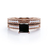 1.50 carat princess cut Black Diamond vintage milgrain bridal set ring in white gold