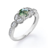 Floral Pattern 1.35 Carat Round Cut Green Moss Agate And Diamond Beaded Art Deco Engagement Ring In White Gold