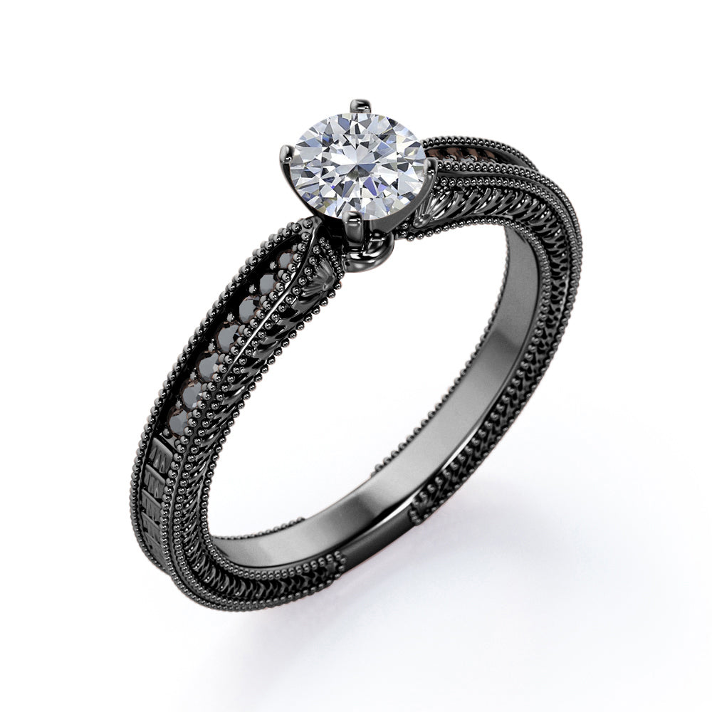 Edwardian Style - 1.25 TCW Round Cut Moissanite with Lab Created Black Diamond - Milgrain Bordered Engagement Ring in White Gold