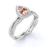 Classic Pave 1.75 Carat Pear Shape Morganite and Diamond Halo Bridal Set with Infinity Band in White Gold