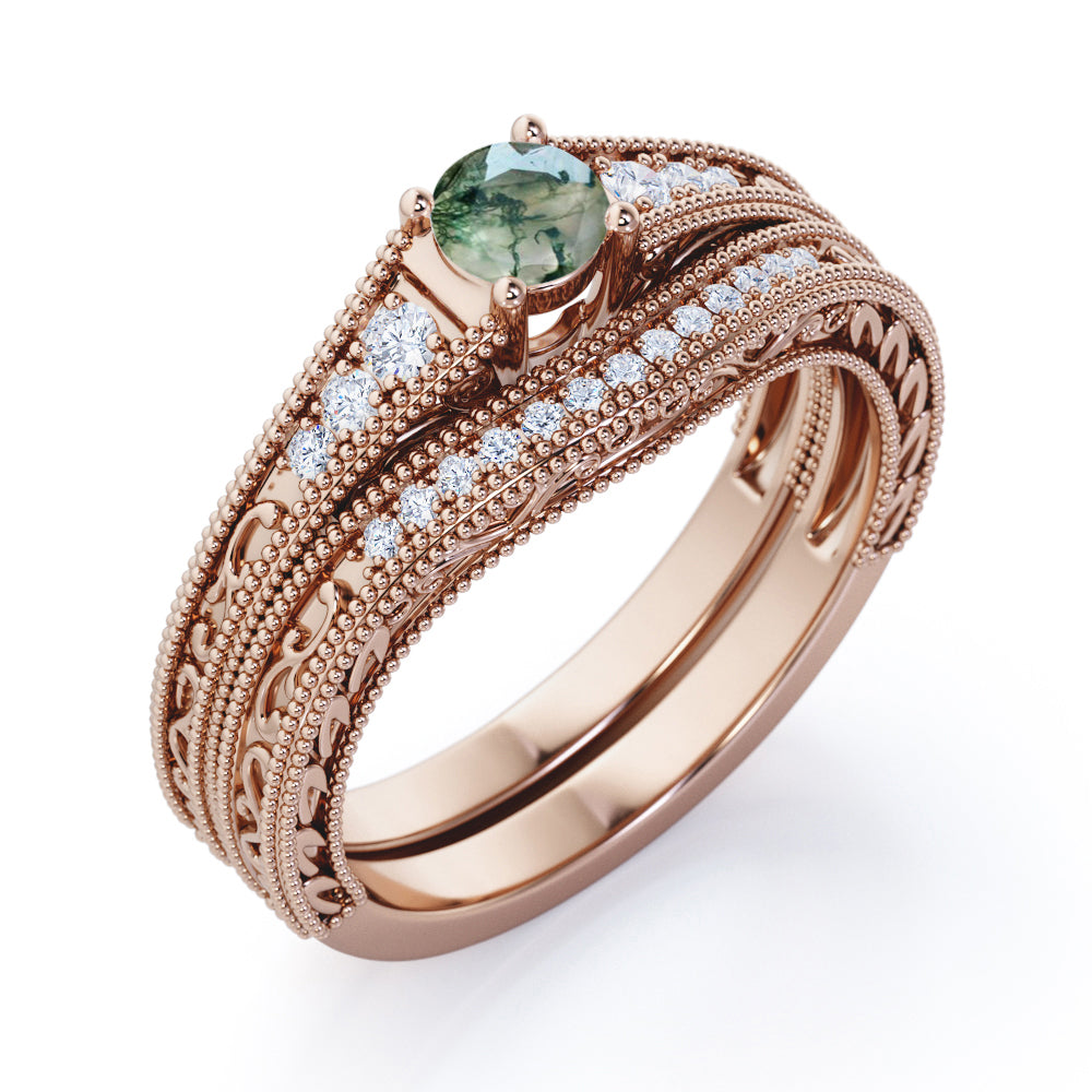 Antique Milgrain 0.8 carat Round Dendritic Moss Agate Stone and Moissanite Bridal Set in White Gold