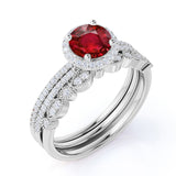 Antique Pave 2 ct Round Lab-Created Ruby Trio Wedding Set