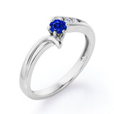 Curved Band - Six Prongs 0.5 carat Round Blue Sapphire and Moissanite Artistic Engagement Ring in Rose Gold