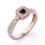 Double Pave Channel 1.5 Carat Round-Shaped Black Diamond Halo Cluster Engagement Ring in  White Gold