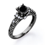 Classic Four Prong 1.15 Carat Round Cut Black Diamond Art Deco Engagement Ring In Black Gold