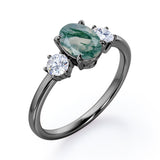 Simple Trio Stone 0.8 carat Oval Moss Green Agate and Diamond Engagement Ring in Rose Gold