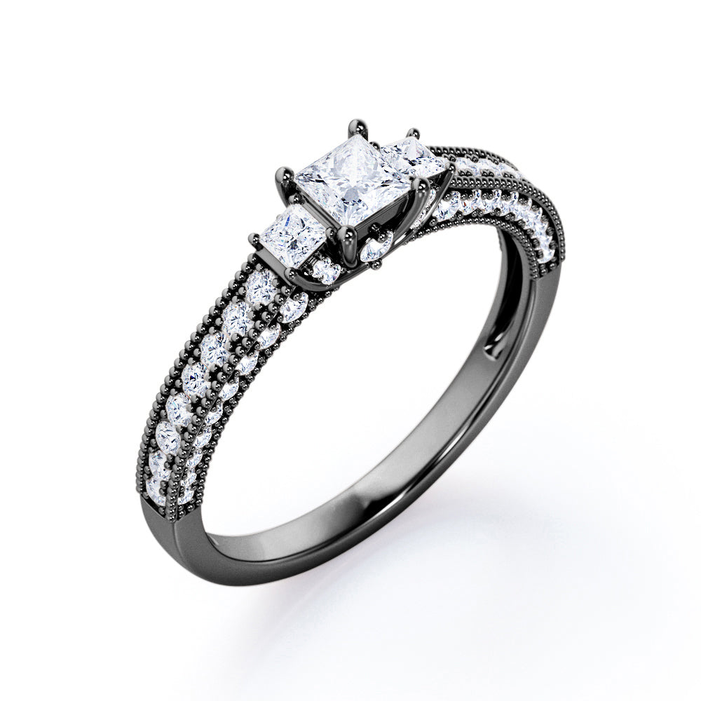 Milgrain-Bordered Pave 0.45 TCW Princess Cut Diamond Three Stone Engagement Ring in White Gold
