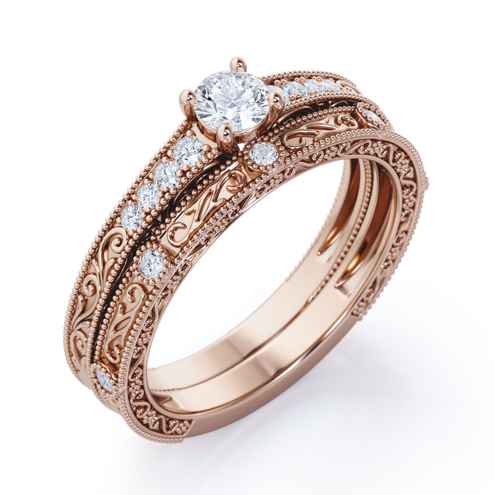 Vintage 1 carat Round Moissanite and Diamond Bridal Set For Her in White Gold