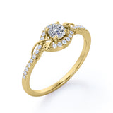 Swirl Halo 1 Carat Round Colorless Moissanite and Diamond French Pave Engagement Ring in Rose Gold