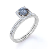 Timeless Half Eternity Pave 1.25 Carat Round Cut Genuine Dark Grey Salt and Pepper Diamond Halo Bridal Set Rings