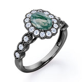 Vintage Floral Halo 0.7 carat Oval and Round Moss Green Agate and diamond Engagement Ring in Rose Gold