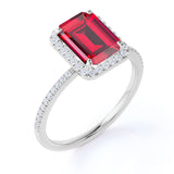Handmade Pave Set 1.50 Carat Emerald Cut Lab Ruby and Diamond Engagement Ring in White Gold