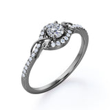 Swirl Halo 1 Carat Round Colorless Moissanite and Diamond French Pave Engagement Ring in Rose Gold