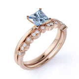 Vintage 1.50 ct Princess Aquamarine Solitaire Bridal Set