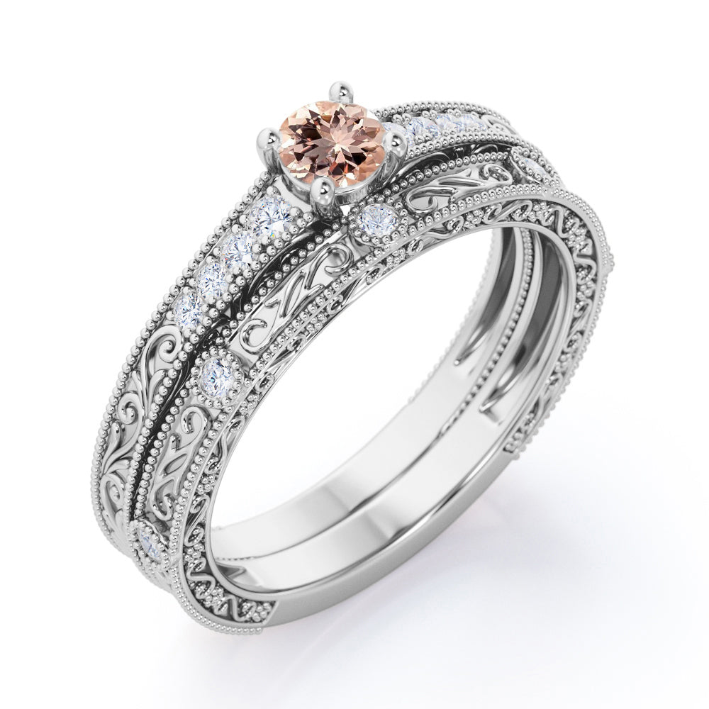 Antique Style 0.6 carat Round Morganite and Moissanite Matching Bridal Ring Set in Rose Gold