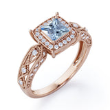 Designer Beaded 1.35 Carat Princess Cut Aquamarine And Diamond Halo Engagement Ring In White Gold