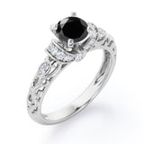 Classic Four Prong 1.15 Carat Round Cut Black Diamond Art Deco Engagement Ring In Black Gold