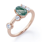 Unique 1 carat Oval Five Stone Ring With Petite Moss Green Agate and Diamond in White Gold