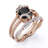 Artdeco scalloped 1.50 Carat Lab Black Diamond Wedding Ring Set for Women in Rose Gold