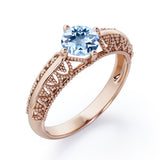 Beaded Art Deco 1 Carat Round Cut Aquamarine Solitaire Engagement Ring In White Gold