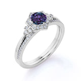 Tapered Floral Design 1.50 Carat Round Cut Lab Made Alexandrite and Diamond Cluster Pave Wedding Ring Sets for Her