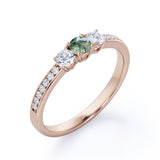 Elegant Trilogy 1.25 carat Round Moss Green Agate and Moissanite Promise Ring in White Gold