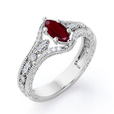 Beaded Framed 1.25 Carat Marquise Cut Lab Ruby And Diamond Vintage Filigree Engagement Ring In White Gold