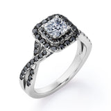 Rounded Square Double Halo -  1.55 TCW Princess Cut Moissanite with Lab Created Black Diamond - Infinity Pave Engagement Ring in White Gold