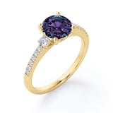 Classic Simple Three Stone 1.50 Carat Round Cut Lab Created Alexandrite and Diamond Half Eternity Pave Engagement Ring in Rose Gold for Women