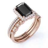 Affordable 2 Carat Emerald cut Lab Black Diamond Antique Wedding Trio Ring Set in White Gold