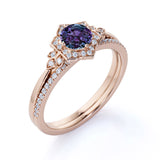 Tapered Floral Design 1.50 Carat Round Cut Lab Made Alexandrite and Diamond Cluster Pave Wedding Ring Sets for Her