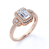 1.75 Carat Emerald Cut Moissanite and Diamond Halo Engagement Ring in White Gold