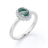 Solitaire Snowflake Style 1.25 Carat Oval Cut Milky White Moss Green Agate and Diamond Halo Engagement Ring