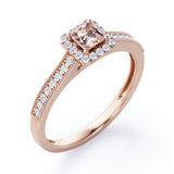Halo Design 1.25 Carat Princess Cut Morganite and diamond Milgrain-Bordered Pave-Channel Engagement Ring in White Gold