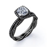 Eternity Crossover - 1.75 TCW Cushion Cut Moissanite with Lab Created Black Diamond - Halo Pave Setting Wedding Set in White Gold
