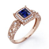 Designer Beaded 1.35 Carat Princess Cut Sapphire And Diamond Halo Engagement Ring In Rose Gold