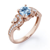 Four Prong 1.35 Carat Round Cut Aquamarine and Diamond Vintage Milgrain Engagement Ring In White Gold