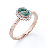 Solitaire Snowflake Style 1.25 Carat Oval Cut Milky White Moss Green Agate and Diamond Halo Engagement Ring