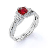 Infinity Flower Design 2.25 Carat Round Cut Lab Ruby and Diamond Halo Wedding Set in White Gold