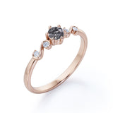 Dainty 6 Prong 0.60 Carat Round Cut Black Hair Dendritic Rutilated Quartz and Diamond Twist Engagement Ring